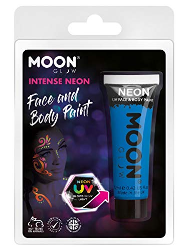 Blue neon UV face paint in a tube, with painted face example.