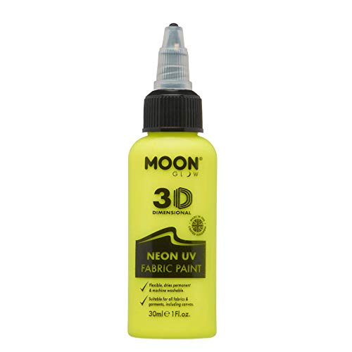 A bottle of yellow neon UV 3D fabric paint with a black nozzle cap.