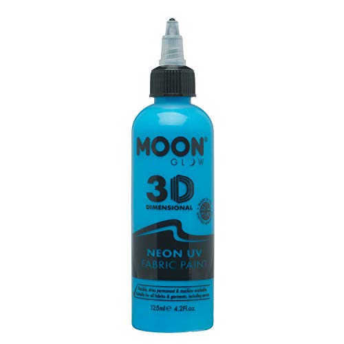 Blue bottle of Moon Glow neon UV fabric paint with applicator tip.