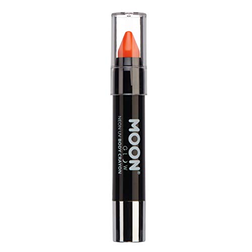 Orange neon UV body crayon in a black twist-up tube with clear cap.