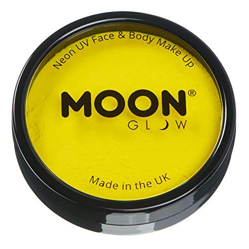 A round black container filled with bright yellow neon UV face and body paint.
