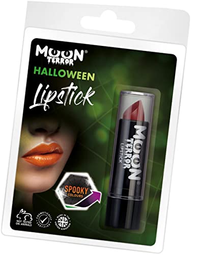 Black lipstick tube with red and orange shades, in plastic packaging.