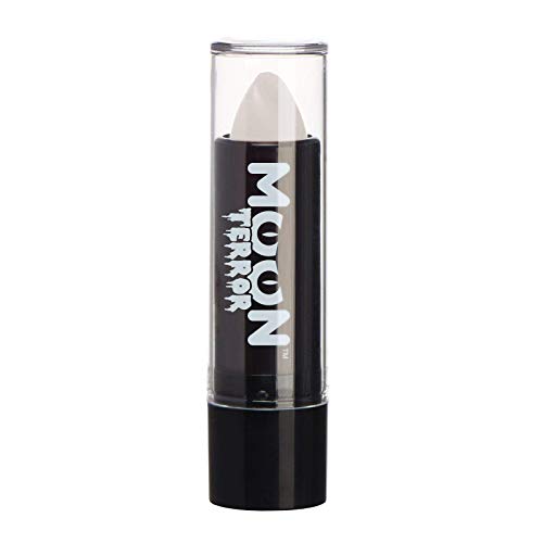 A tube of white Moon Terror Halloween lipstick with a clear plastic cap.