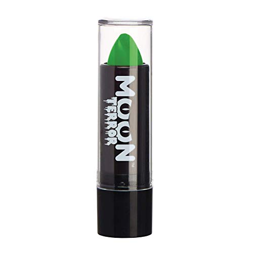 A tube of bright green Moon Terror Halloween lipstick with a clear plastic cap.