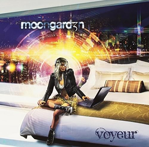 Vinyl album cover: woman with laptop in a bedroom cityscape.