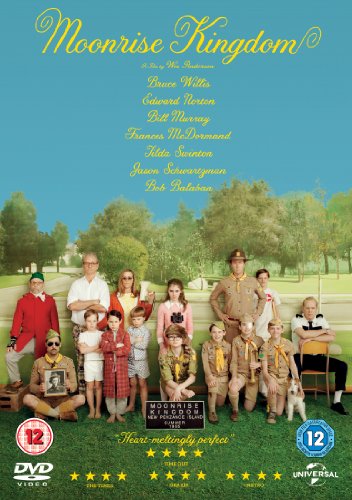 DVD cover for Moonrise Kingdom featuring the cast in scout uniforms on a lawn.