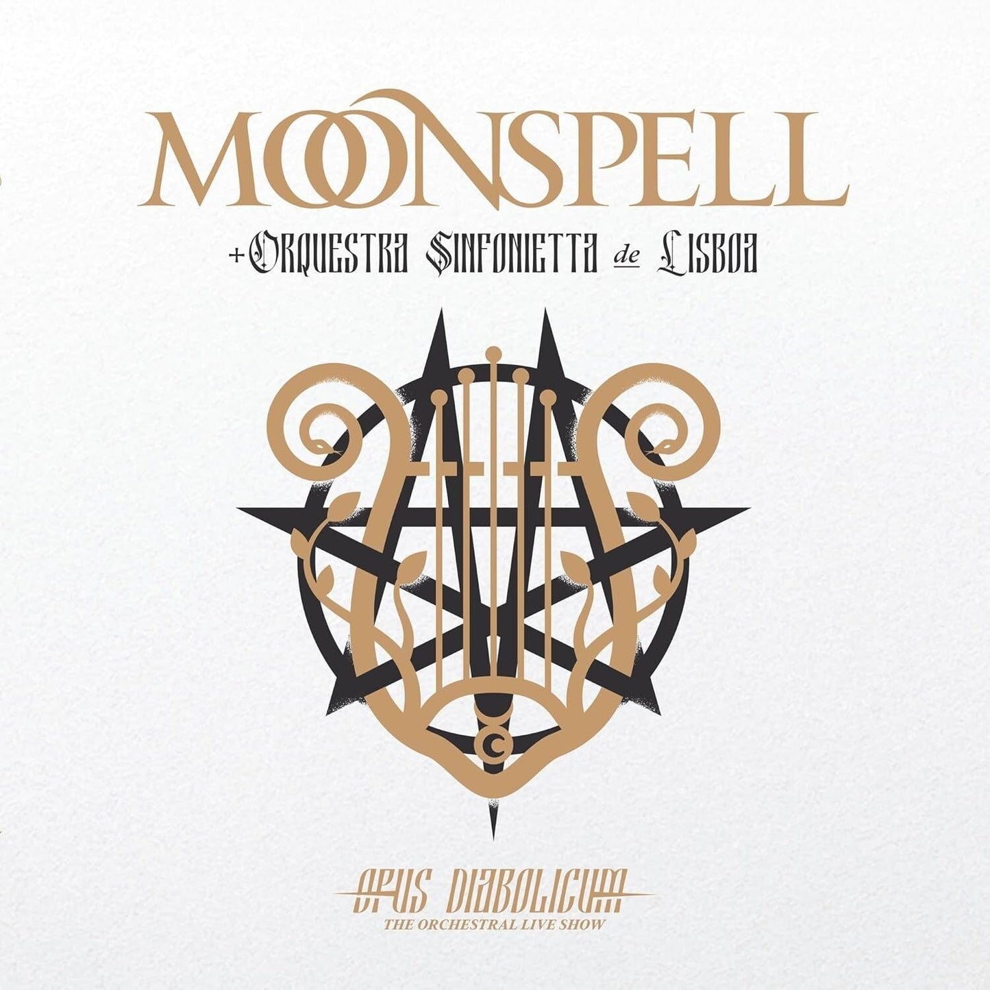 Moonspell album cover featuring a gold and black lyre emblem on a white background.