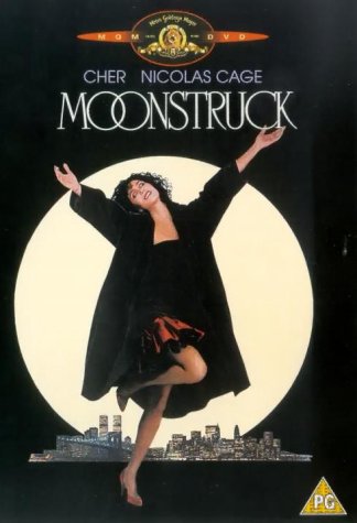 Cher in "Moonstruck" DVD cover, with a large full moon backdrop.