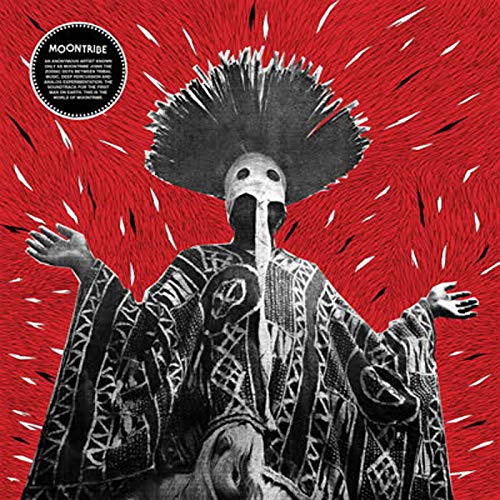 Black and white figure with large headdress on a red textured background.