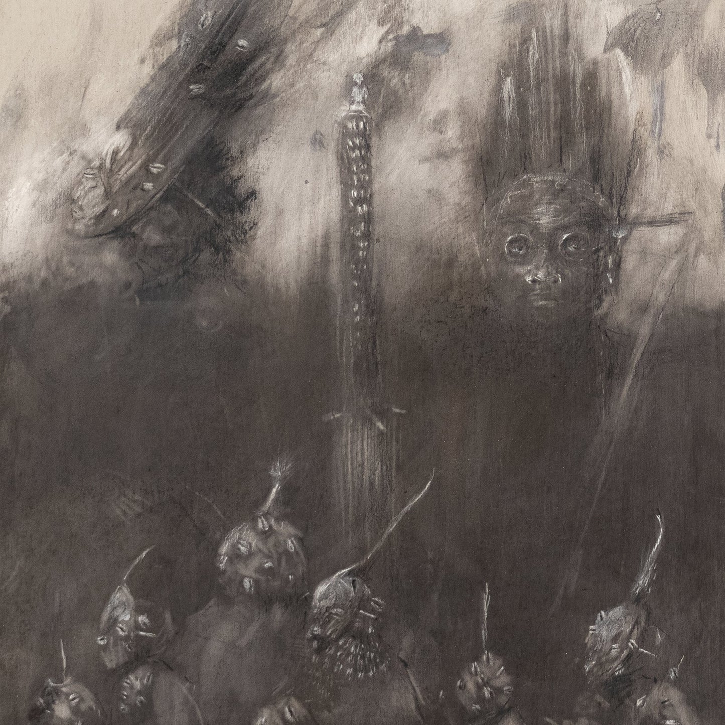 Charcoal-style illustration featuring a tall central pillar surrounded by shadowy figures and faces.