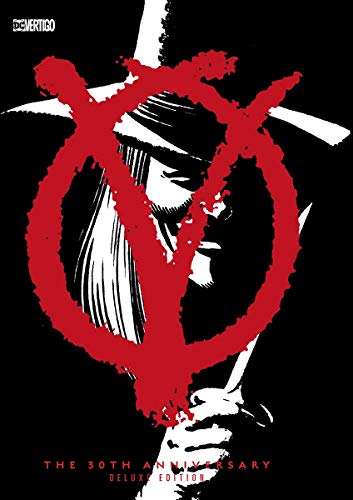 V for Vendetta book cover featuring a large red V over a masked figure.