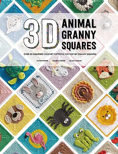 Book cover featuring various colorful, crocheted 3D animal granny squares arranged in a grid.