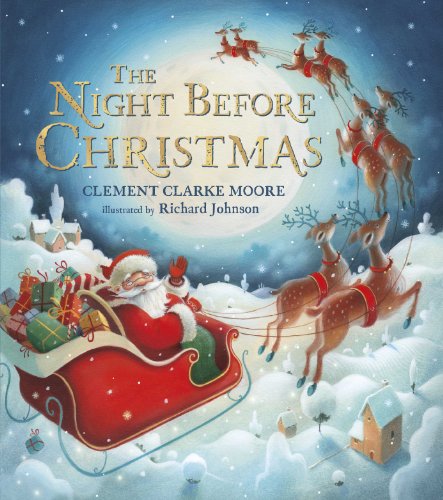 Santa in a sleigh pulled by reindeer flies across a snowy landscape.