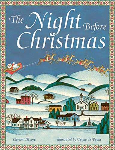 Book cover: "The Night Before Christmas" with Santa and reindeer flying.