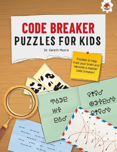 Book cover with code-breaking puzzles, magnifying glass, and coded messages.