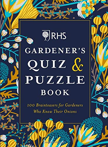 "Book cover with 'RHS Gardener's Quiz & Puzzle Book' text on dark background with floral pattern."