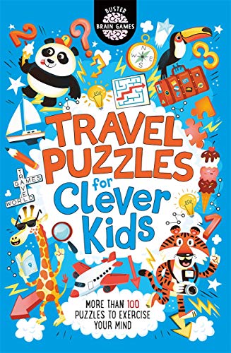 Colorful puzzle book cover with animals, travel items, and numbers.