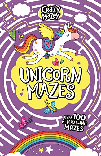 Book cover with a white unicorn flying over a purple maze and rainbow.