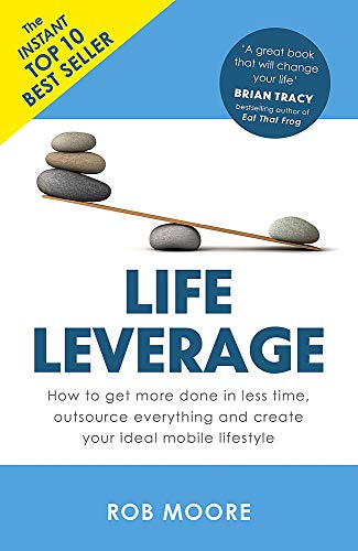 Book cover with balanced stones on a stick, blue background, and title Life Leverage.
