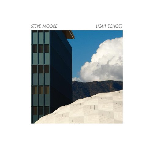 Album cover with modern building, mountains, and clouds, titled "Light Echoes" by Steve Moore.