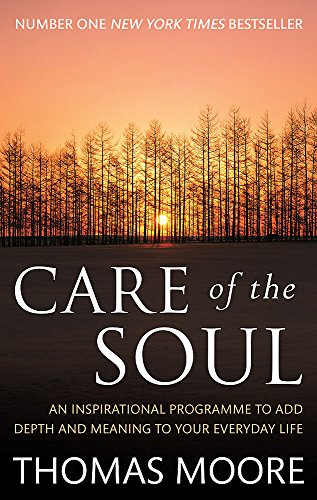 Book cover titled Care of the Soul by Thomas Moore against a sunset forest.