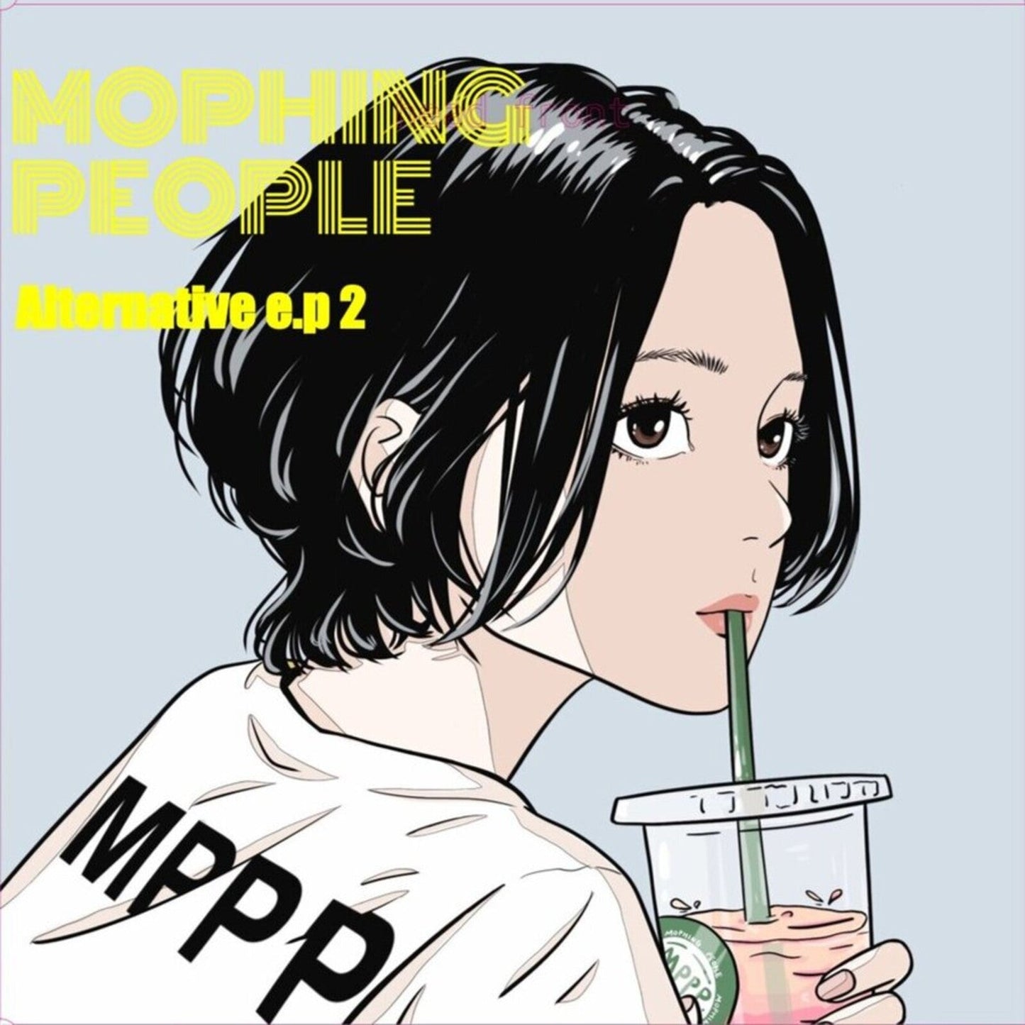 Illustration of a woman with short black hair drinking from a cup.