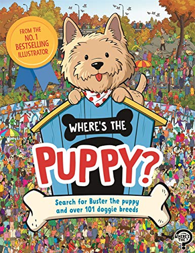 Book cover with a terrier puppy peeking from a doghouse, busy park scene.