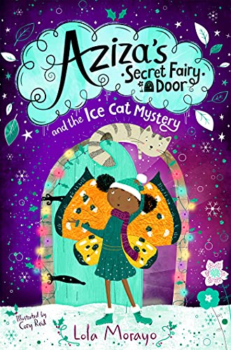 Book cover featuring a fairy girl and a tabby cat near a doorway.