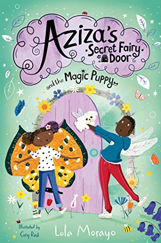 Book cover: children with a fairy door and a fluffy puppy.
