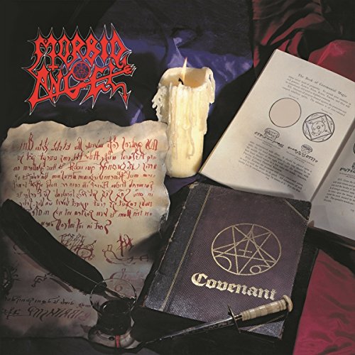 Morbid Angel "Covenant" album cover with occult imagery: book, candle, script.