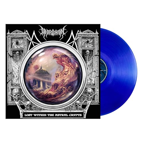 Blue vinyl record with ornate, dark album cover featuring skulls and a dome.
