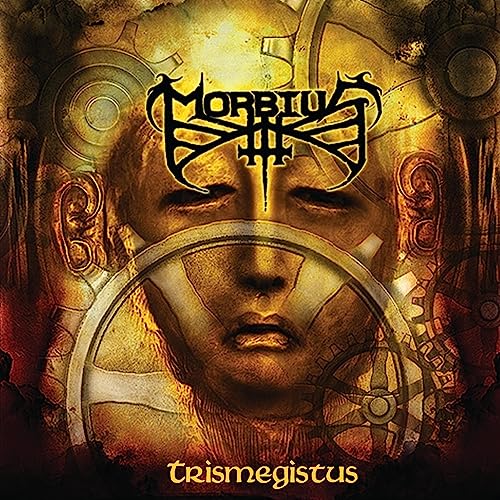 Morbius "Trismegistus" CD cover: face with gears and ornate gold design.