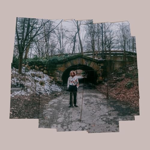 A collage of photos shows a person standing before a stone bridge in winter.