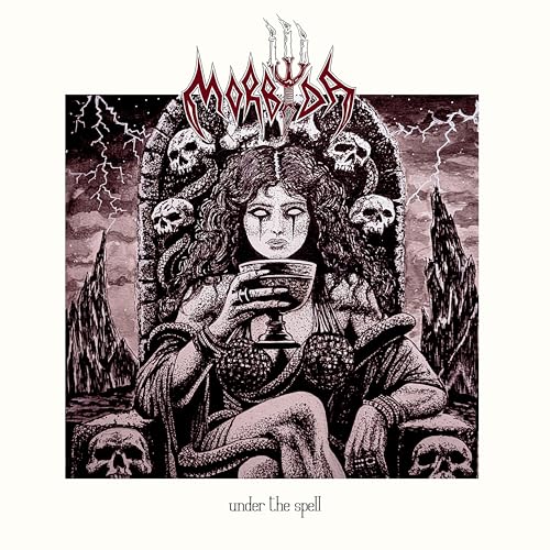 Black and white illustration of a woman with snakes on a skull-adorned stone throne.