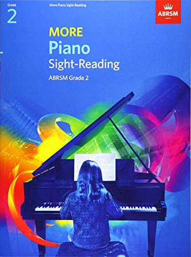 Blue piano sight-reading book, Grade 2, with a pianist at the instrument.