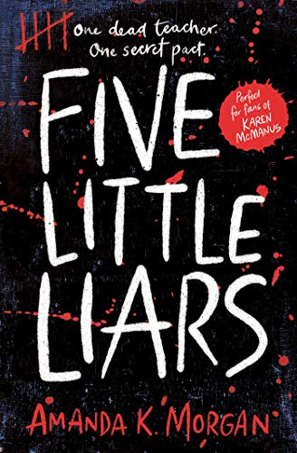 Book cover: "Five Little Liars" with red splatters and bold white text.