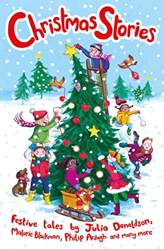 Book cover: children decorating a Christmas tree in a snowy scene.
