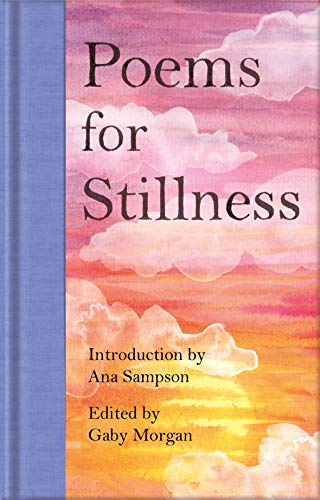 Book cover for Poems for Stillness with a watercolor sunset and cloud background.