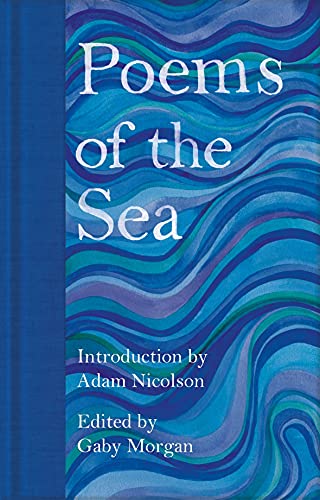 Book cover titled Poems of the Sea with blue wavy abstract patterns.