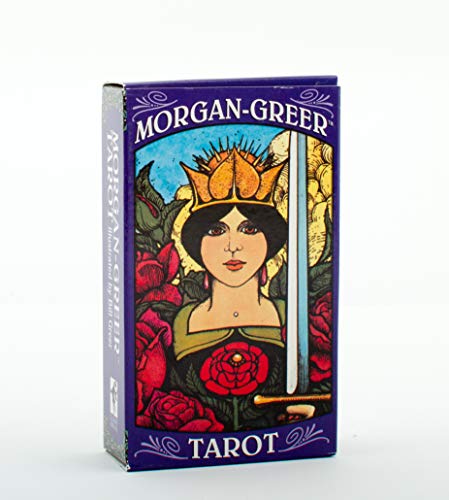 Morgan-Greer Tarot deck box featuring an illustrated queen holding a sword among roses.