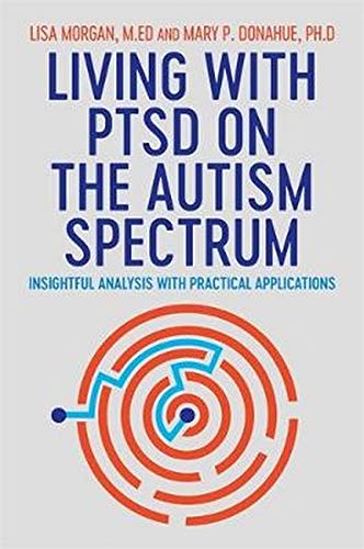 Book cover with blue and orange maze design, title: “Living with PTSD…”