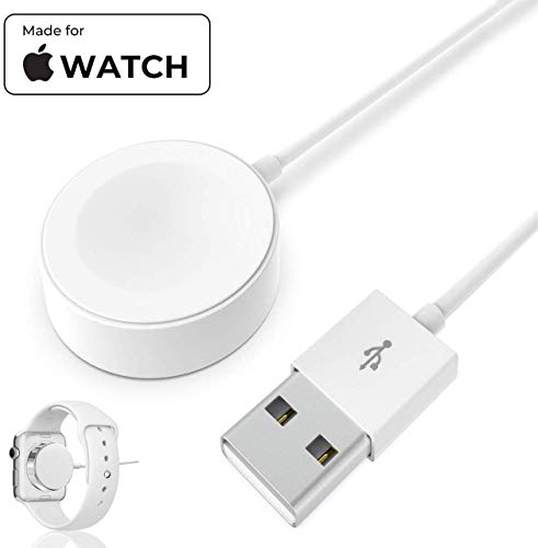 White Apple Watch magnetic charging cable and dock with USB connector.