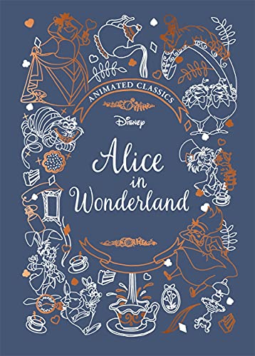Alice in Wonderland" book cover with white line art and orange accents.