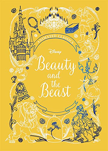 Yellow book cover with white and blue line art of Beauty and the Beast characters.