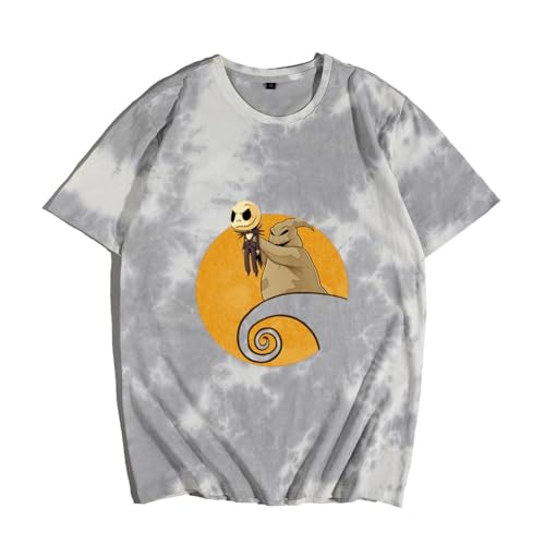 Gray tie-dye t-shirt with a graphic of Jack Skellington and Zero.