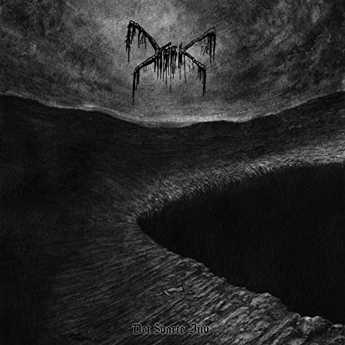 "Black and white illustration of a dark landscape with a spider-like creature."