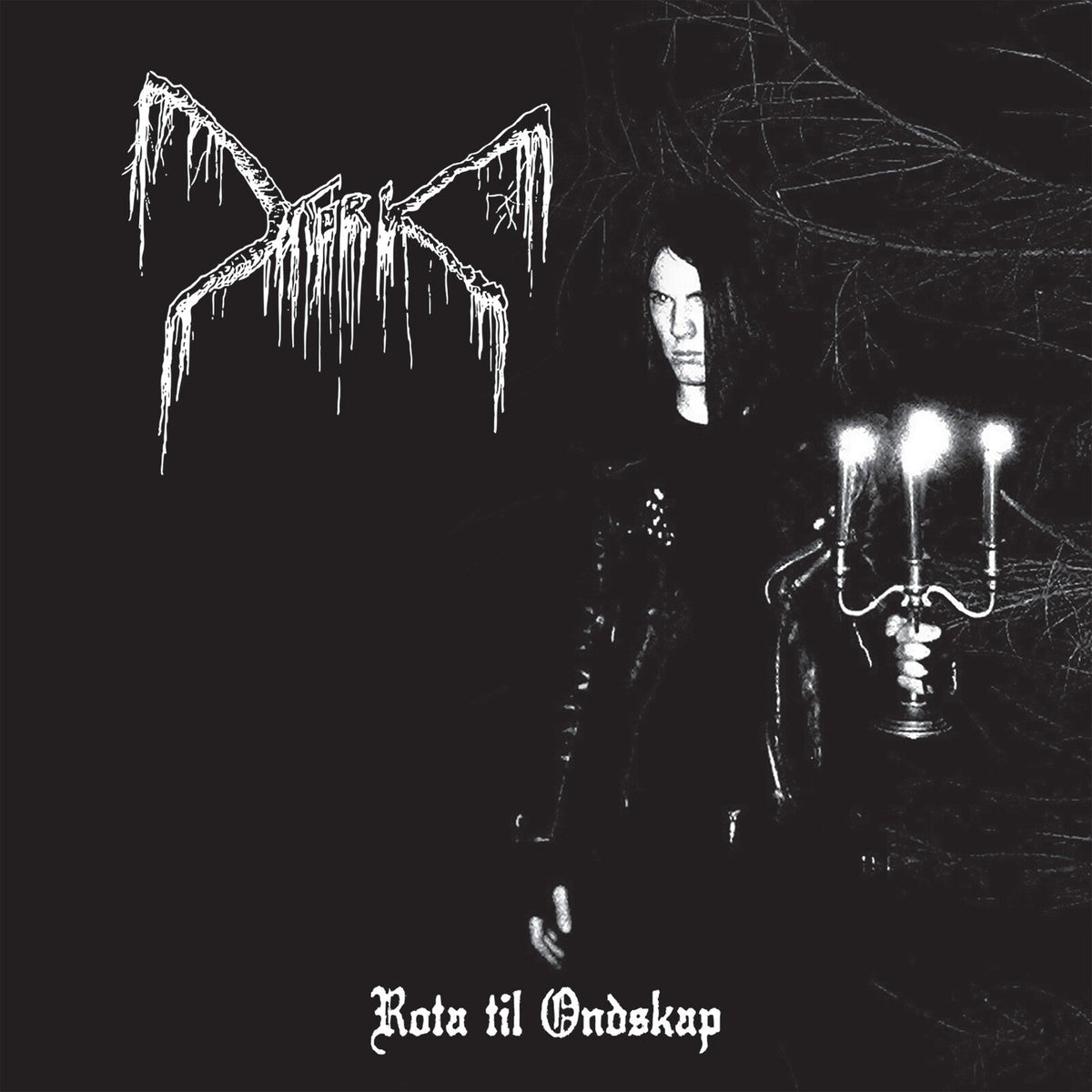 Black and white album cover with band logo, person, and candelabra.