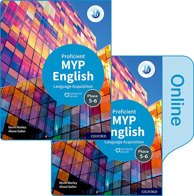 Two MYP English Language Acquisition textbooks with colorful glass building backgrounds.
