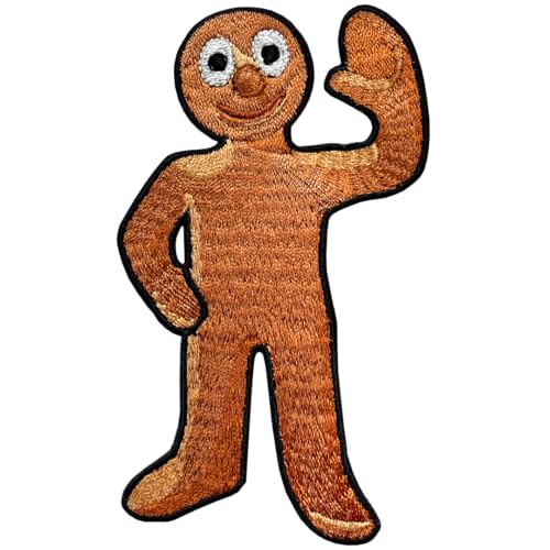 Brown embroidered gingerbread man patch waving with a smiling face.