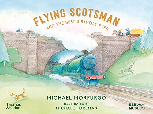 Watercolor illustration of a green steam train emerging from a tunnel.